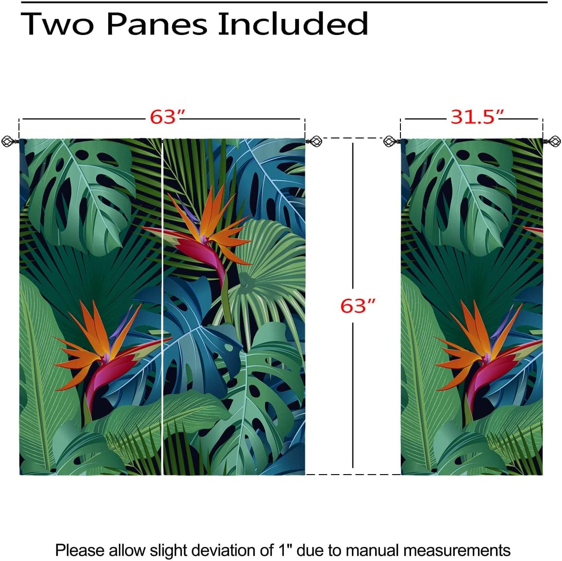 Tropical Leaf Blackout Curtains for Girls Boy Home Decor, Palm Leaves Summer Nature Jungle Plant Grommet Thermal Insulated Drapes Darkening Window Curtain for Bedroom Living Room, 63 x 63 Inch