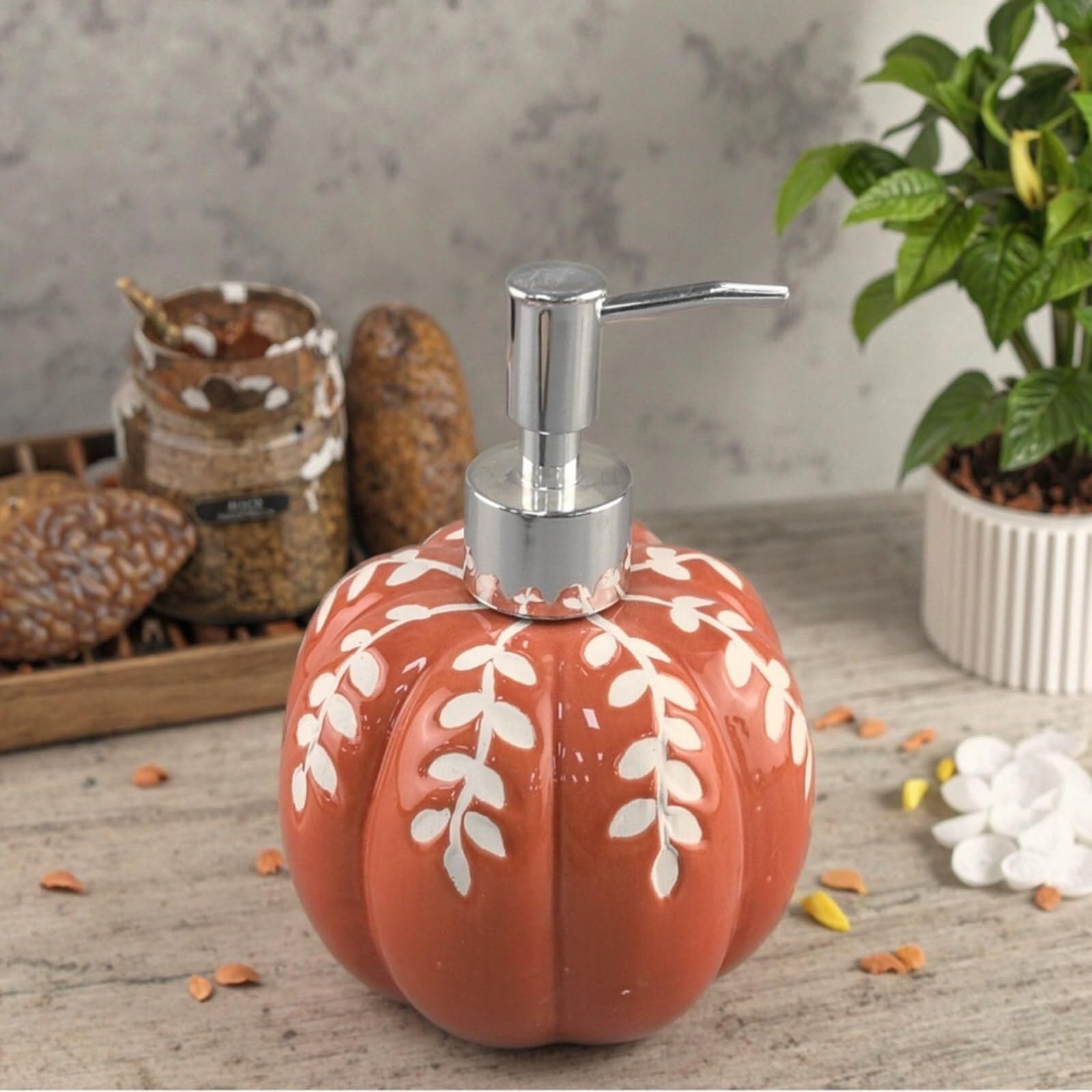 Qyleee Orange Hand Halloween Soap Dispenser Ceramics Refillable Hand Fall Bathroom Essentials Pumpkin Home Decoration Dish For Bathroom(Orange)