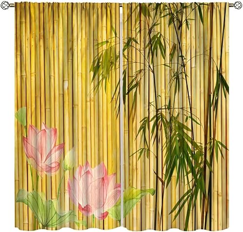 Cortinas de ventana con estampado de bambú, estilo vintage, plantas zen japonesas, flores rosas, estampado de loto, para dormitorio, sala de estar,
