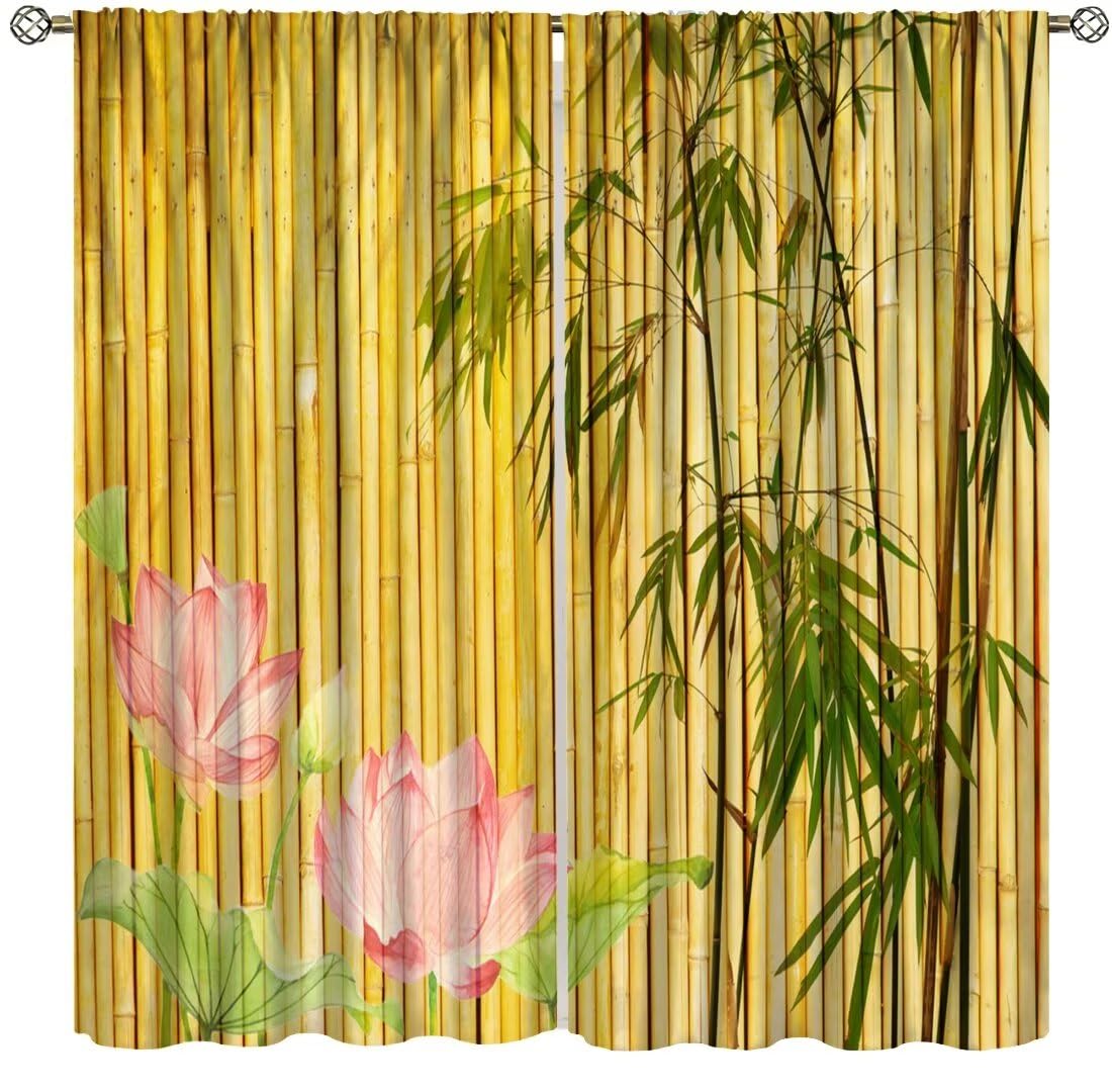 DDCBNS Bamboo Print Window Curtains,Vintage Style Japanese Zen Plant Pink Flower Lotus Curtains for Bedroom Living Room Kitchen Polyester Fabric