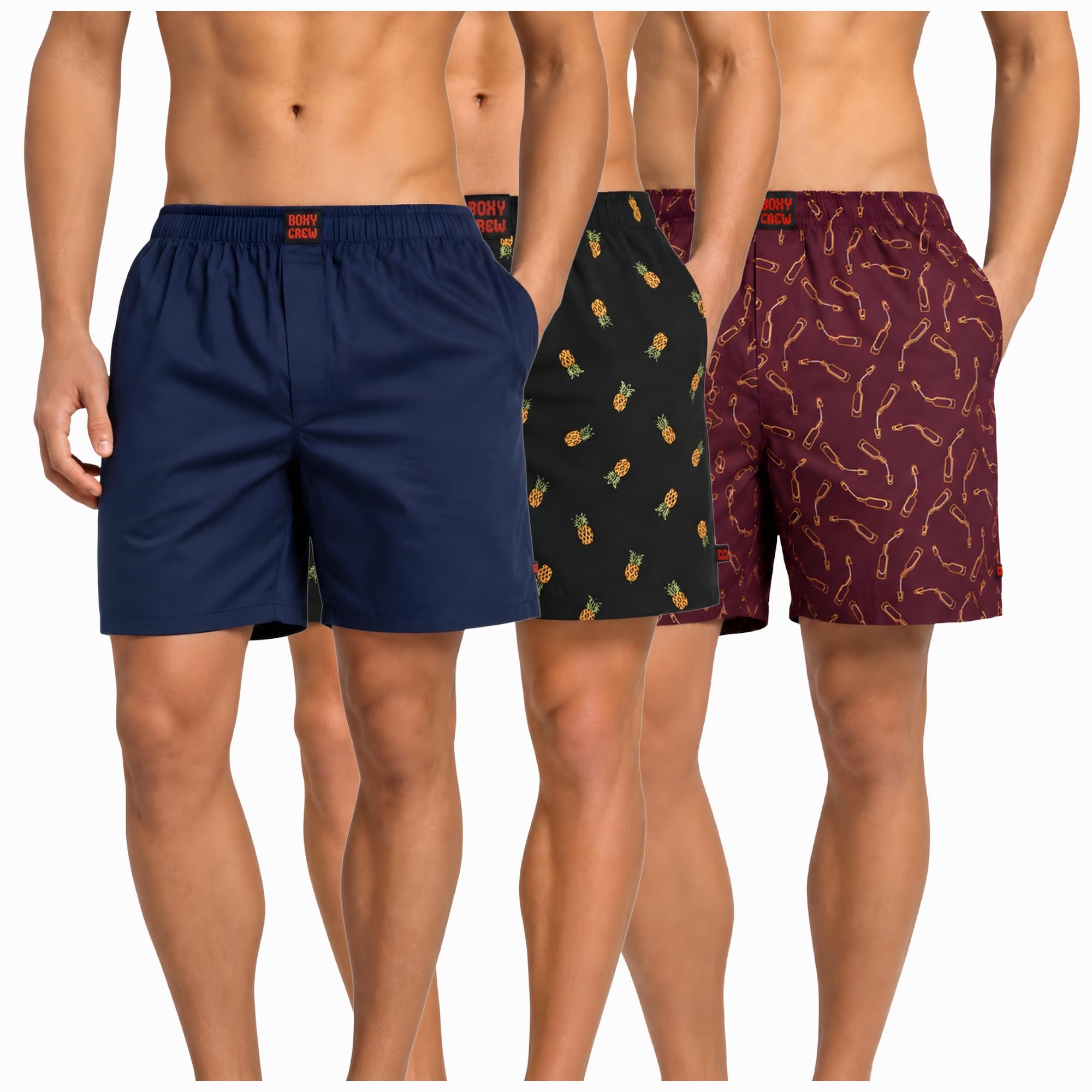Men's 100% Cotton Boxer Shorts Pack of 3, Navy Blue, Charcoal & Maroon | Woven Boxers with Side Pockets, No-Marks Elastic Waistband, Breathable Relaxed Fit | Style 002-004-014-image-32