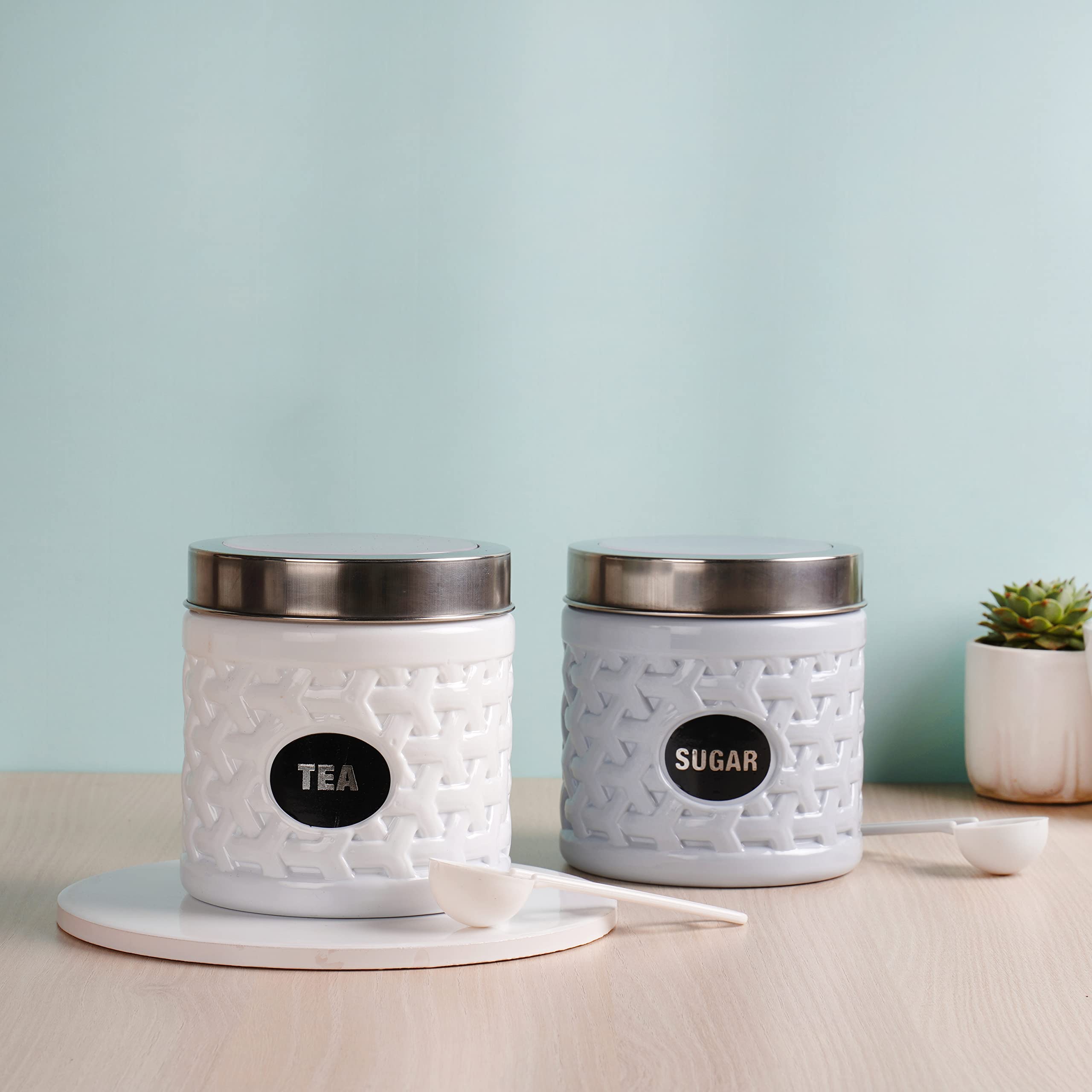 Classyo Kitchen Containers Set for Tea and Sugar, Tea Sugar Containers Set of 2, 800ml (White-Aqua) (Plastic)