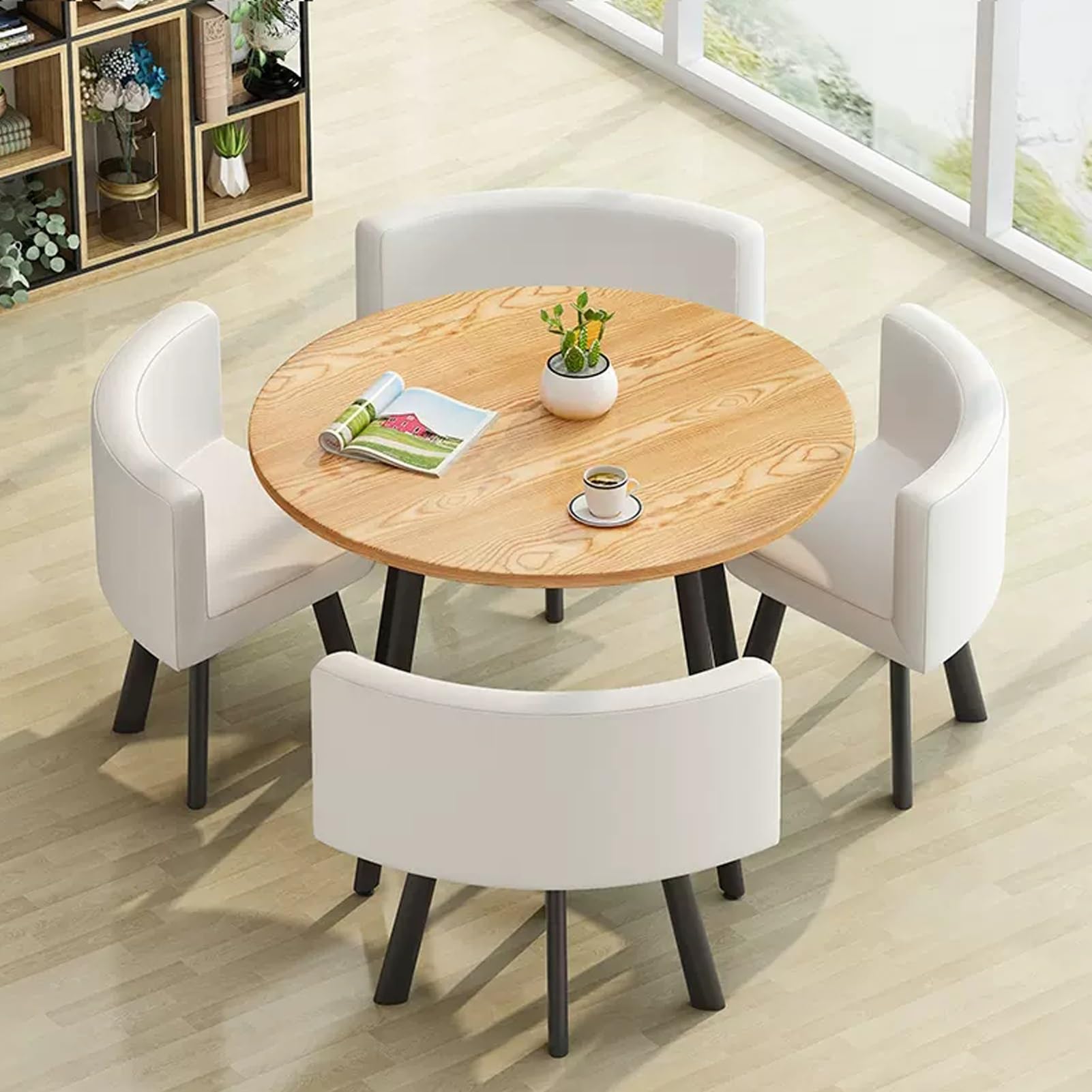 AYCDL SpaceSaving Round Dining Table Set with 4 Chairs for Conference Room & Office – Versatile Reception Table Negotiation Desk & Coffee Table Combo,Pu-leder28