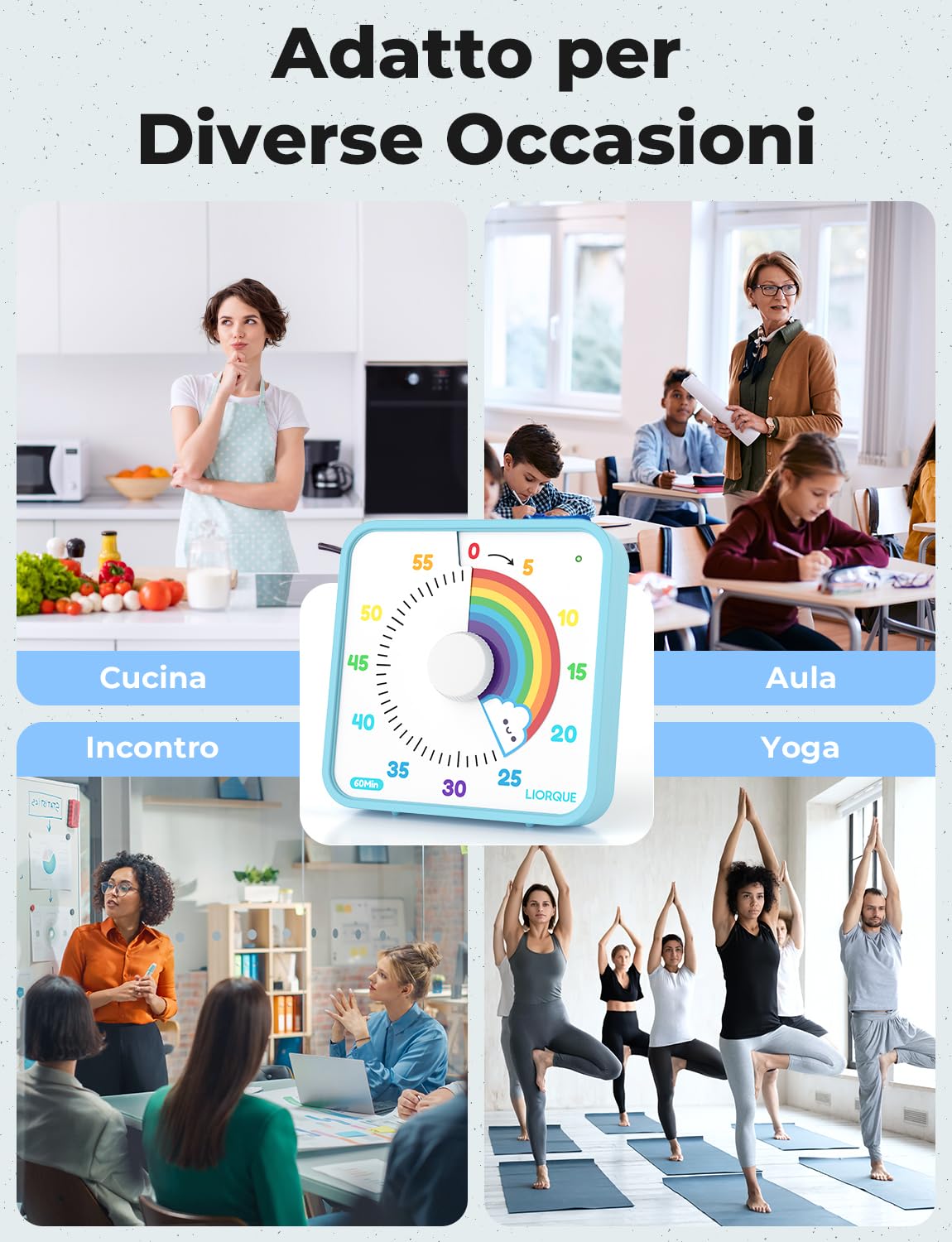 LIORQUE Timer Visivo da 19cm Timer per Aula Grande per Insegnanti, Timer per Bambini da 60 Minuti Senza Ticchettio con Retro Magnetico, 3 Livelli di Volume e Allarme Vibrante e Luminoso (Arcobaleno)