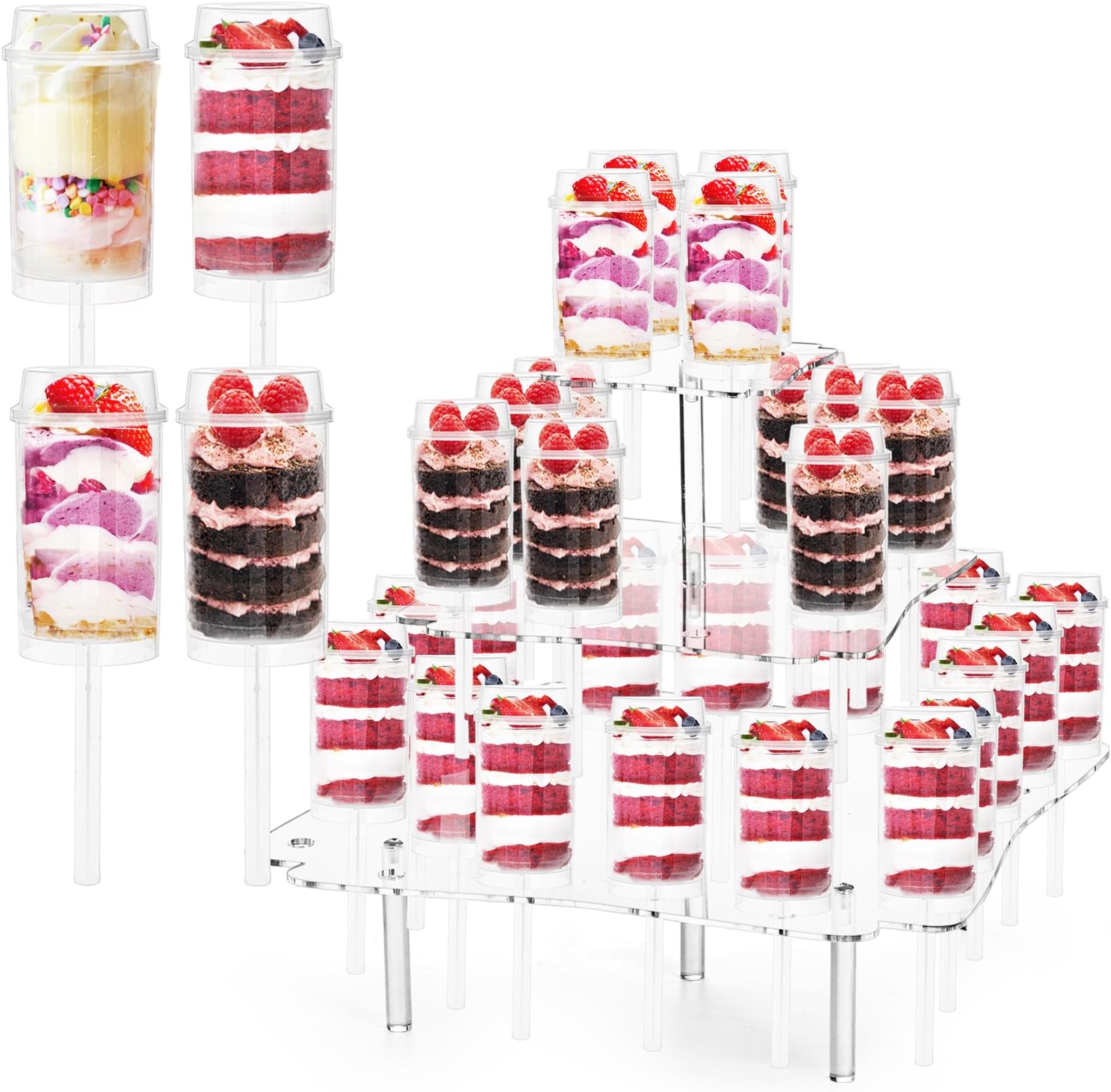 TOPZEA 32 Pack Cake Push Pop Containers and 32 Holes Acrylic Clear Push Pop Cake Stand, Plastic Reusable Round Shaped Cake Pop Shooters Cup with Lids & Treat Stand for Wedding Birthday Christmas Party