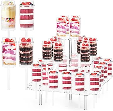 TOPZEA 32 Pack Push Cake Pop Containers & 32 Holes Acrylic Clear Cake Stand, Plastic Reusable Round Shaped Push Up Cakes Pop Shooters Cup with Lids & Treat Stand for Wedding Birthday Christmas Party