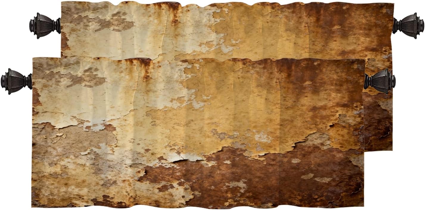 Brown Country Western Kitchen Valances for Windows,Brown Country Western Texture Grunge Blackout Valances Curtains Multilayer Polyester Drapes for Kitchen Bedroom 2 Pack 52X18 Inches
