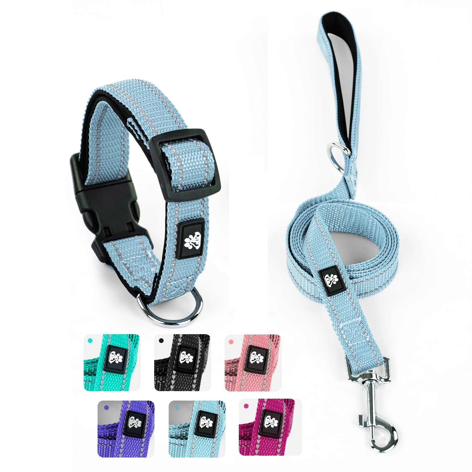 IVY&LANE Reflective Dog Collar and Leash Set,Adjustable Neoprene Padded Dog Collars for Puppy, Breathable Nylon Pet Collar for Small Medium Large Dogs, 5FT Nylon Dog Leash (Collar+Leash,Medium,Blue)