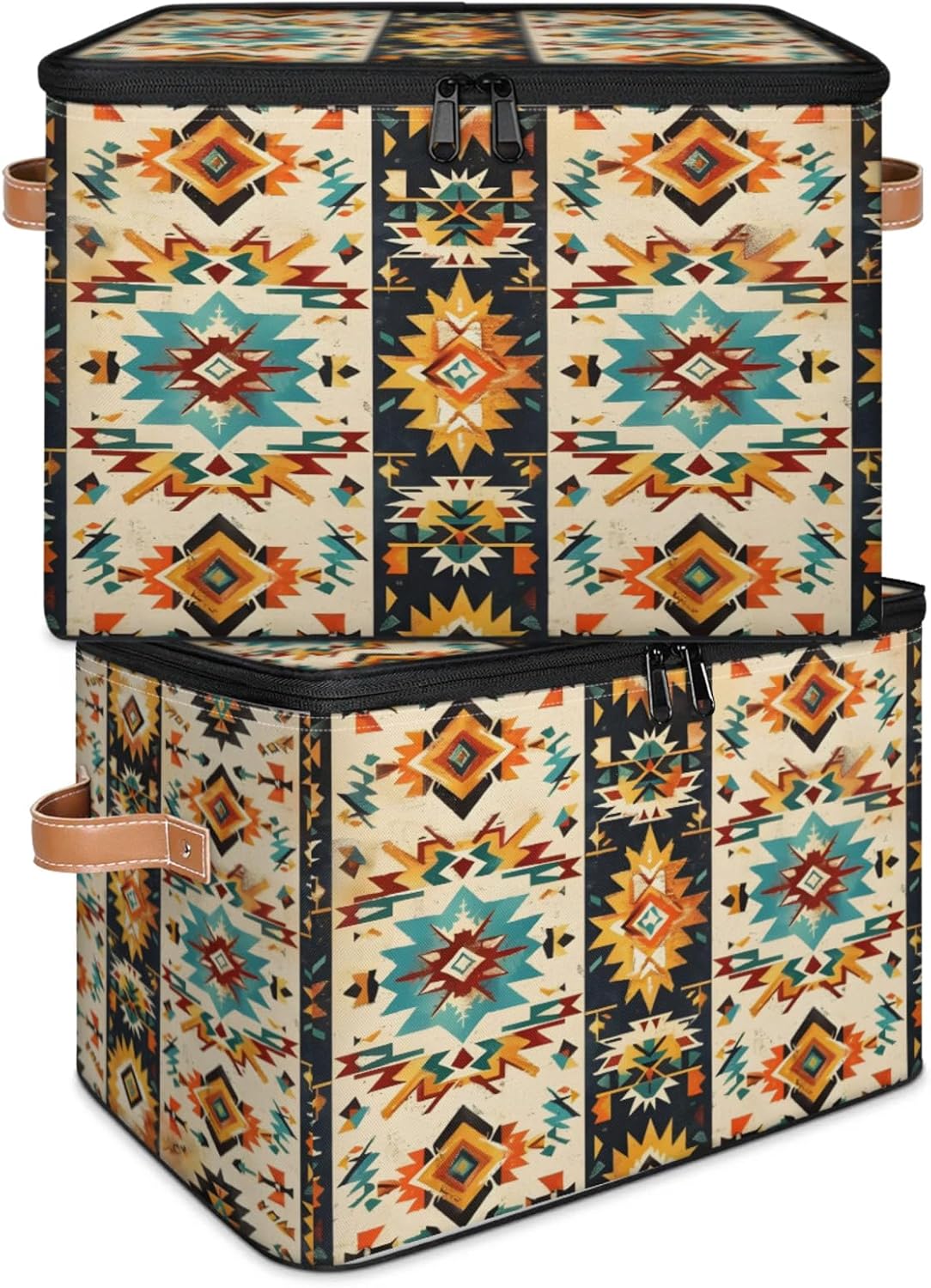 Boho Aztec Storage Bins with Zipper Aztec Western 2 Pack Lid Fabric Storage Boxes Home Cubes Baskets Clothes Organizer Container