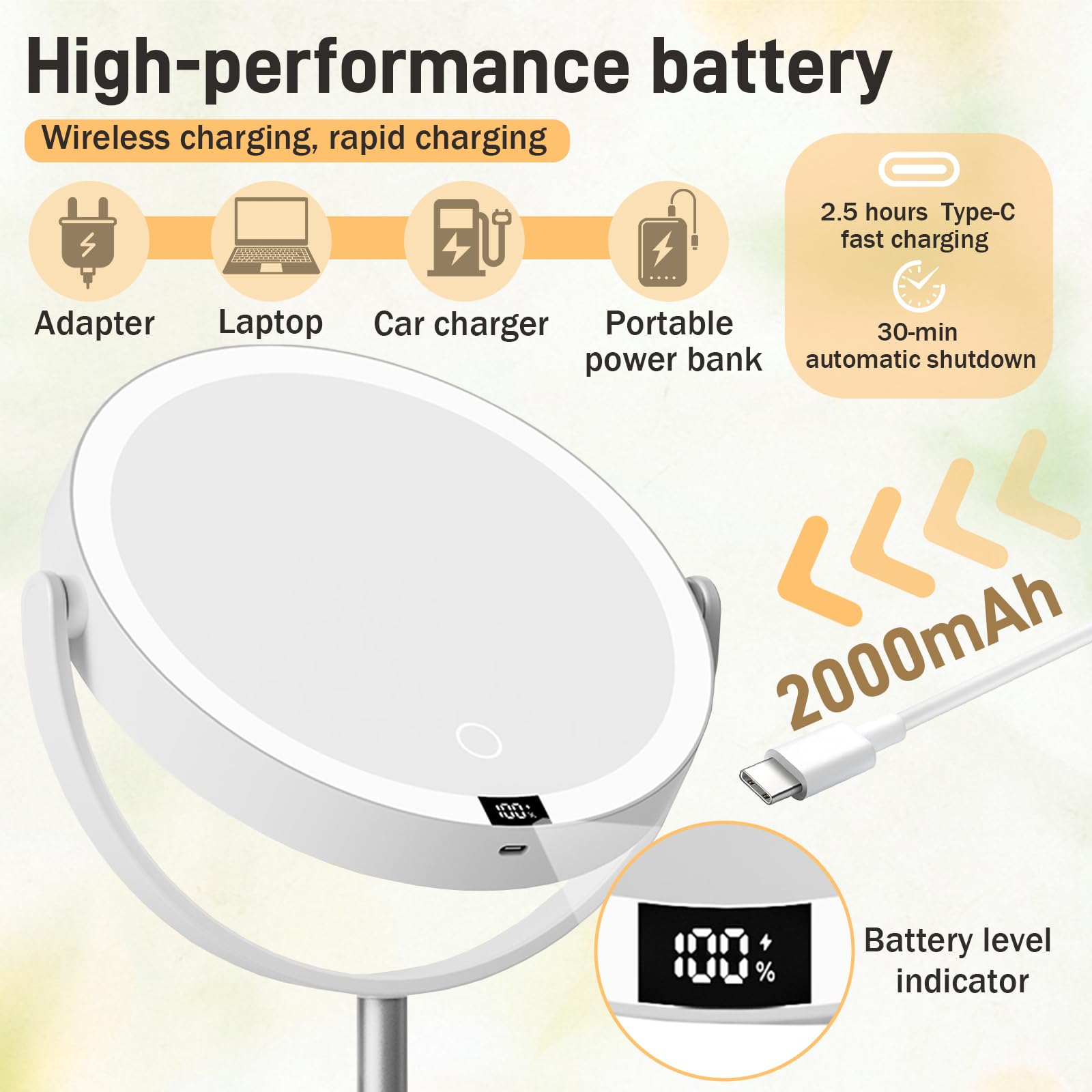 Miroir Grossissant Lumineux 10X/1X,Mirroir Maquilleur Lumineux,Miroir Maquillage LED Rechargeable avec 3 Couleurs éclairage,Rotation 360° pour Maquillage,Soin du Visag