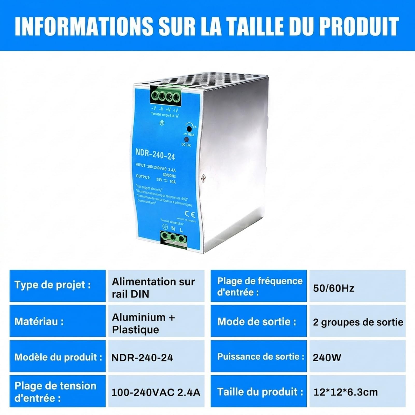 DIN Power 240W Rail switching power 24V Bloc d'alimentation pour Entrée AC 100-220V 2.4A, Sortie DC 24V 10A Plusieurs fonctions de protection Modèle industriel NDR-240W-24V.