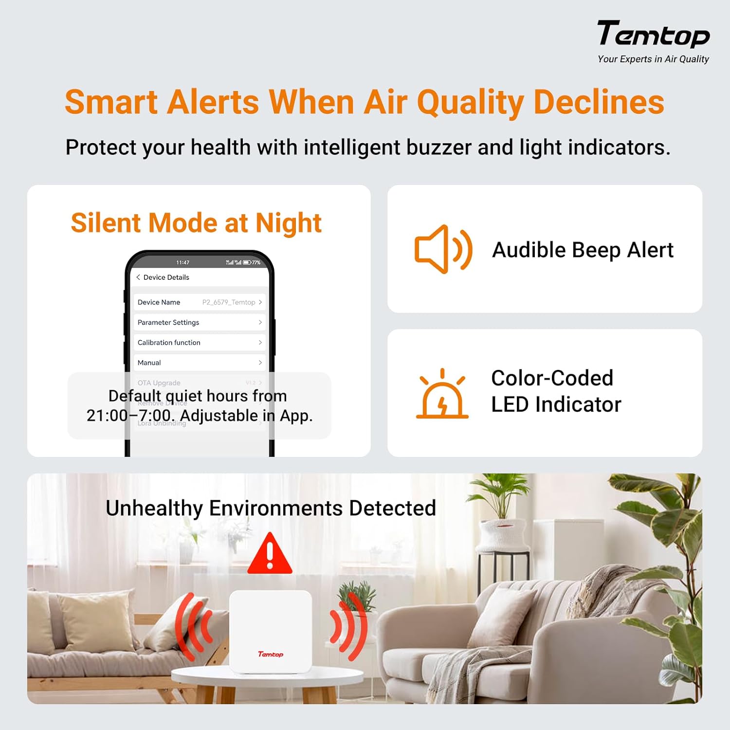 Temtop P1 Air Quality Monitor, PM2.5/PM10/Temperature/Humidity Sensor with Bluetooth App, AQI Tracking & Portable Design for Home, Office, Car, and Travel Use