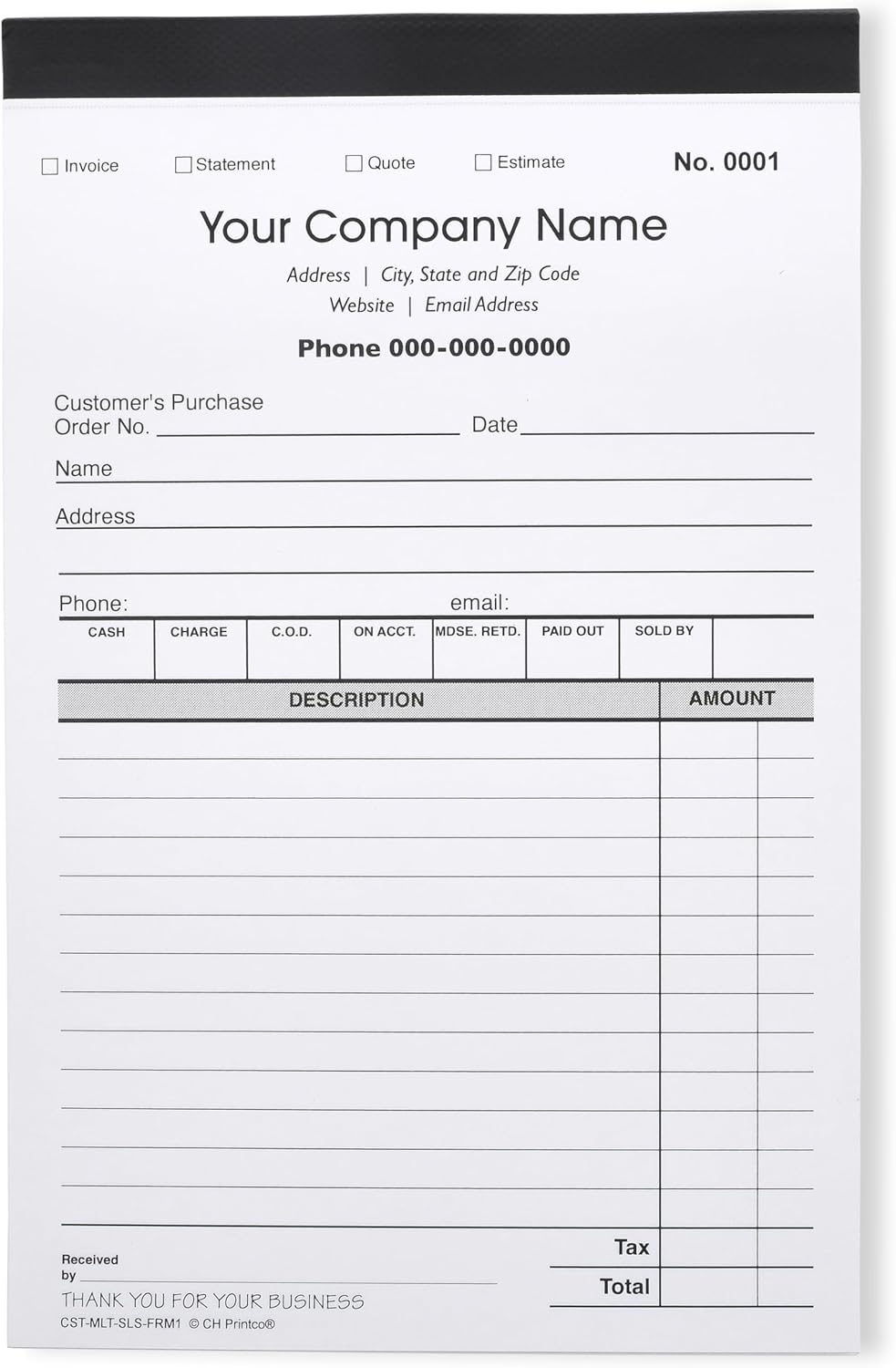 Custom Sales, Invoice, Statement, Estimate, Quote, Personalized Multipurpose Duplicate Carbonless Form with Your Company Name - 5 Books (250 Sets) Numbered