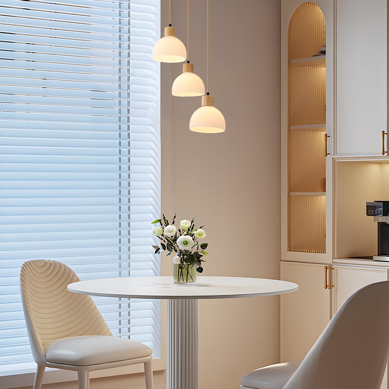 Lampara Colgante Techo Para Cocina,Madera Y Vidrio Blanco Lampara Techo 3 Luces E27 Altura Ajustable Decoracion Lamparas Para Comedor Salon Dormitorio