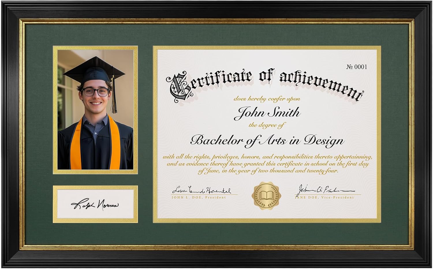 11x19 Diploma Frame, Display for 8.5x11 Certificate & 4x6 Photos, Tempered Glass with Acid-Free Green over Gold Mat, Degree Frame for Graduation, Black with Gold Trim 8.5x11 Certificate & 4x6 Picture Black frame/Green mat