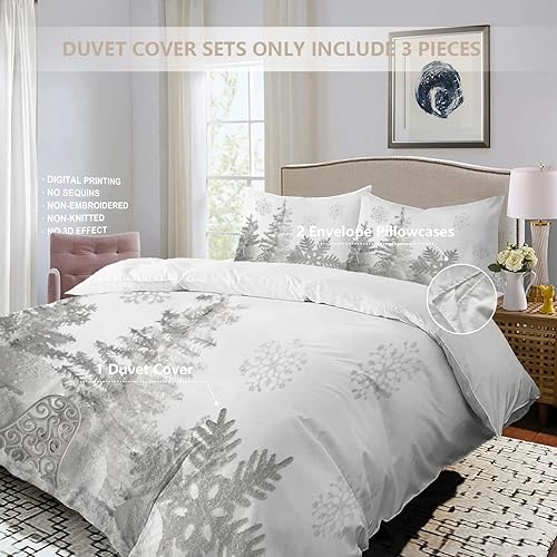 Miniatura 2 de BaoNews Juego de funda de edredón para árbol de Navidad blanco, tamaño King, 3 piezas, adornos navideños de copos de nieve, juego de ropa de cama de