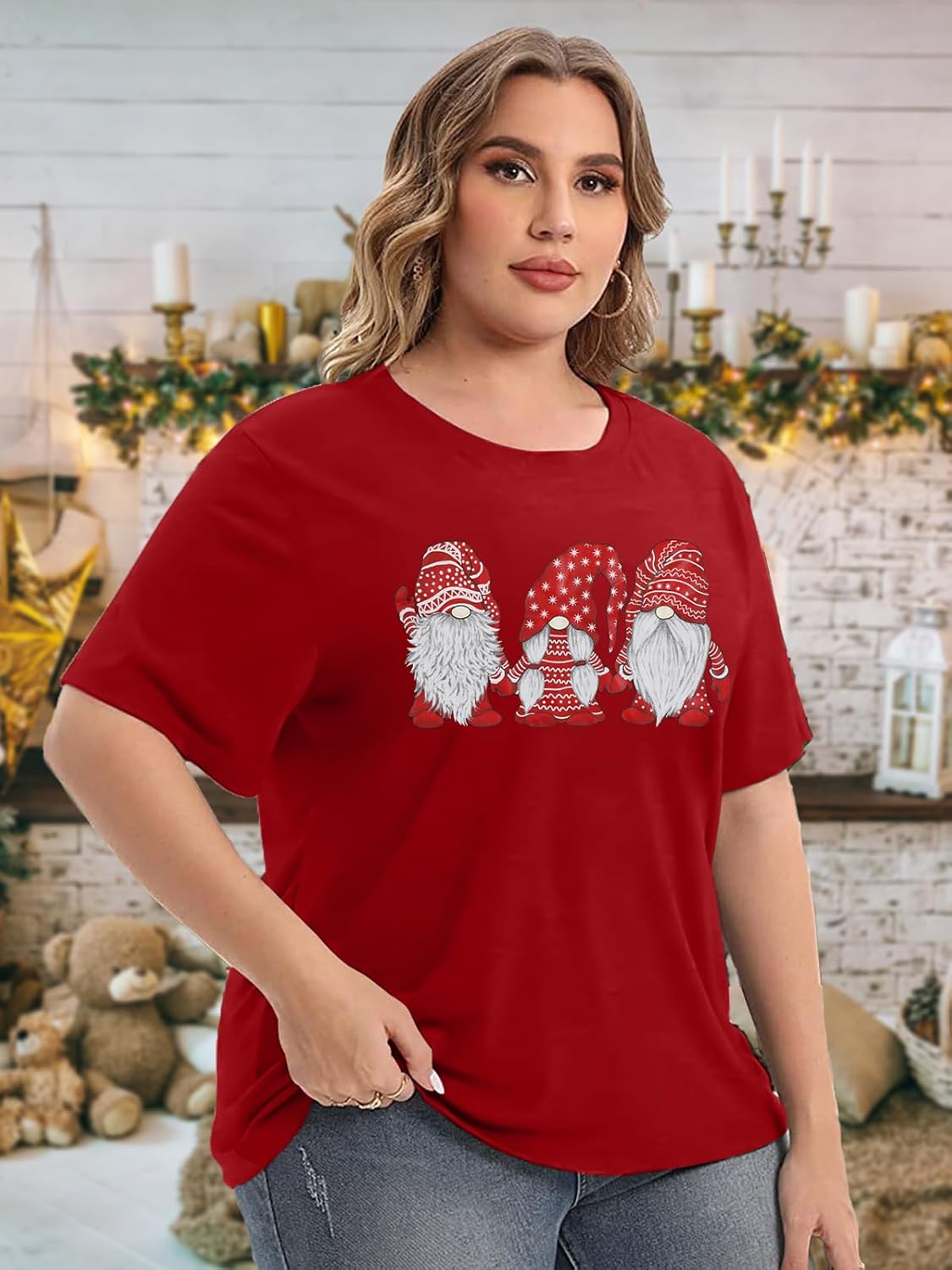 Plus Size Women Christmas Shirt Three Little Gnomes Santa Graphic Tee Cute Short Sleeve Letter Printed Tops - Image 3