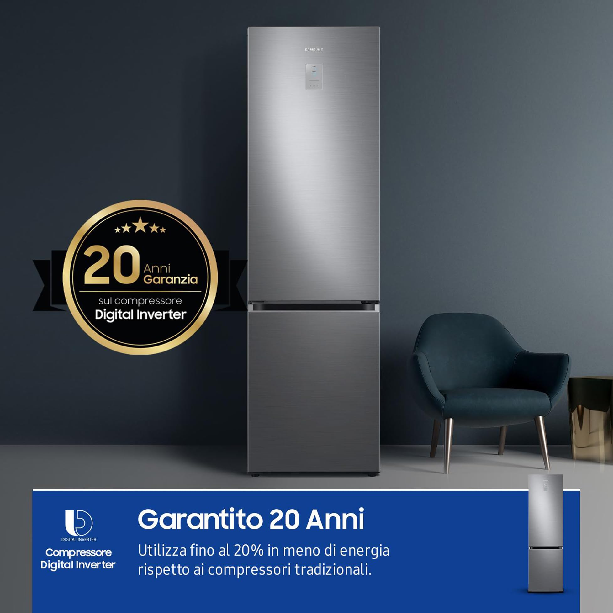 Samsung EcoFlex AI RL38C776ASR Frigorifero Combinato, Motore Digital Inverter, Total No Frost, Twin Cooling Plus, 387 L, LxAxP: 59,5 x 203 x 65,8 cm, Silver (Ricondizionato)
