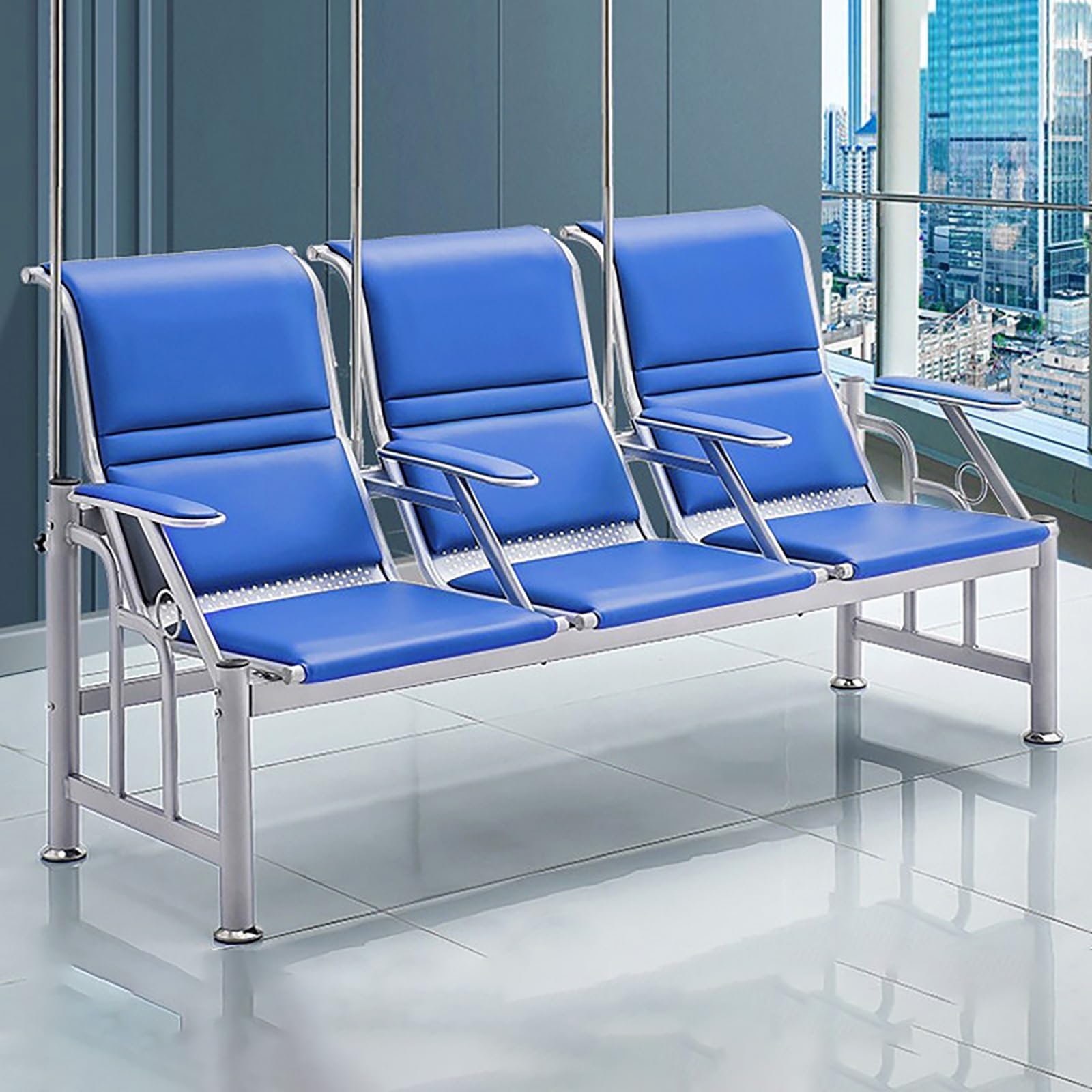 WDSOPK Waiting Room Chairs,3-Seat Leather Waiting Room Bench with Armrests & IV Stand, Phlebotomy Chair for Lobby & Comfortable Reception Chairs(Blue-3-Seat)