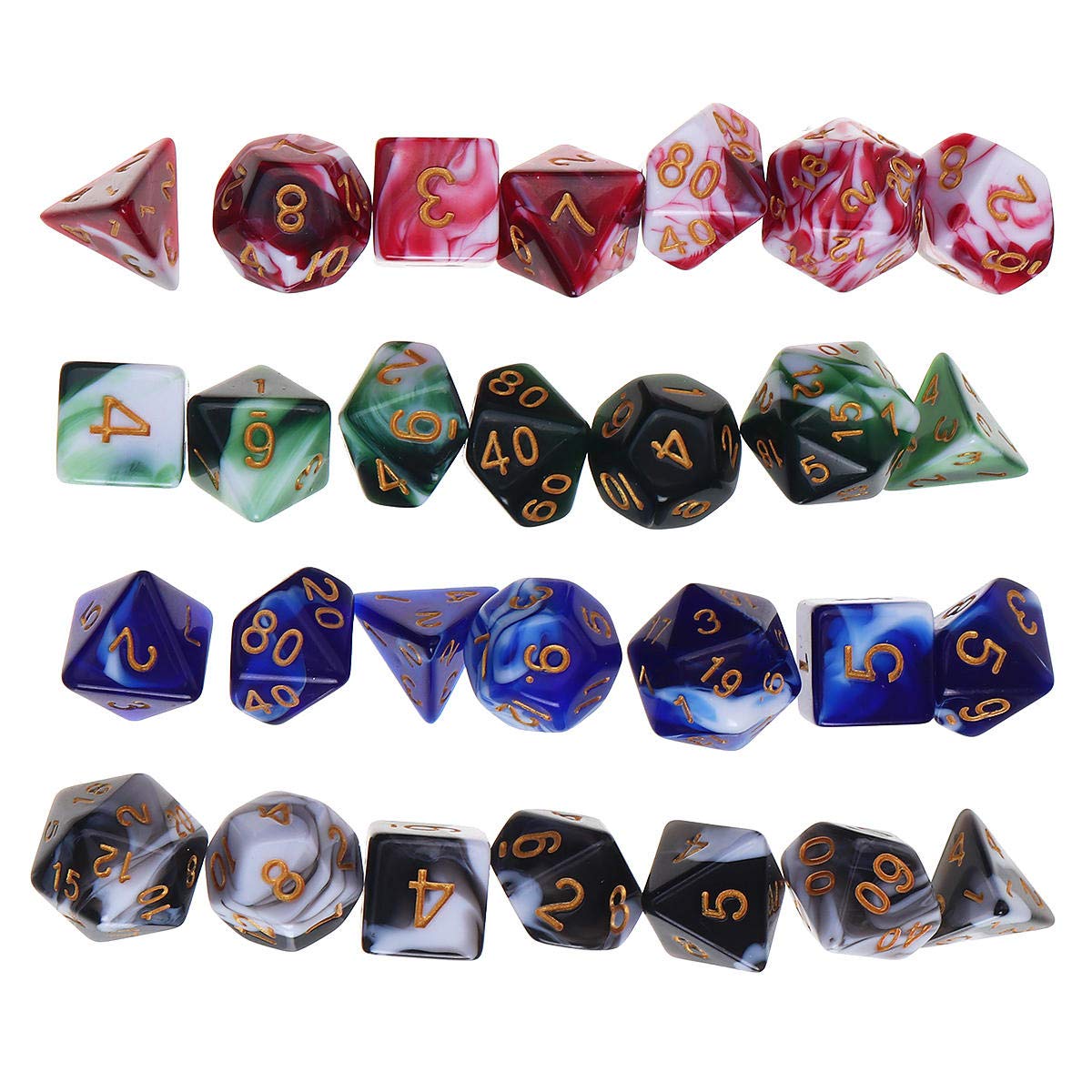 Lot de 28 dés polyédriques multi-faces 4 couleurs avec 4 sacs