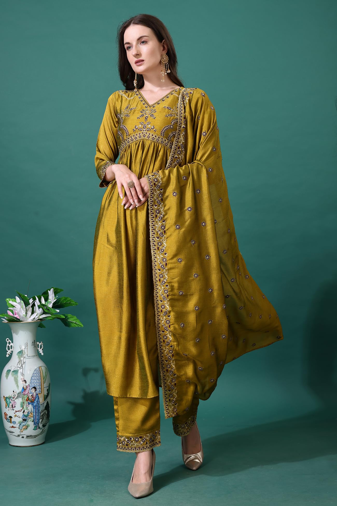 Pratham Blue Women's Silk Embroidered Anarkali Kurta Palazzos With Dupatta |Kurta Set For Women |Women Kurta |Women Embroidered Kurta Sets Kurtis (Bkp-1010-S_Yellow)