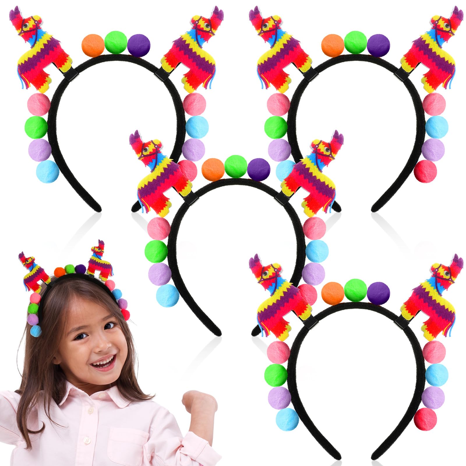 Photo 1 of 2 pack Karenhi 4 Pcs Mexican Headband Cinco De Mayo Pinata Headband Multicolor Fiesta, Fiesta Pom Pom Head Boppers for Kids Adults Mexican Theme Party Decorations Photo Props Fiesta Party Favor Supplies