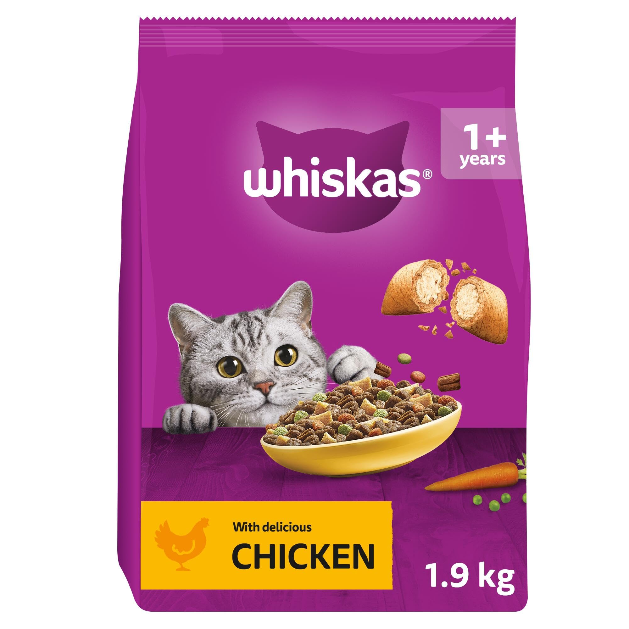 Whiskas 1+ Chicken Pack of 4 x 1.9 kg Bags, Adult Cat Dry Food