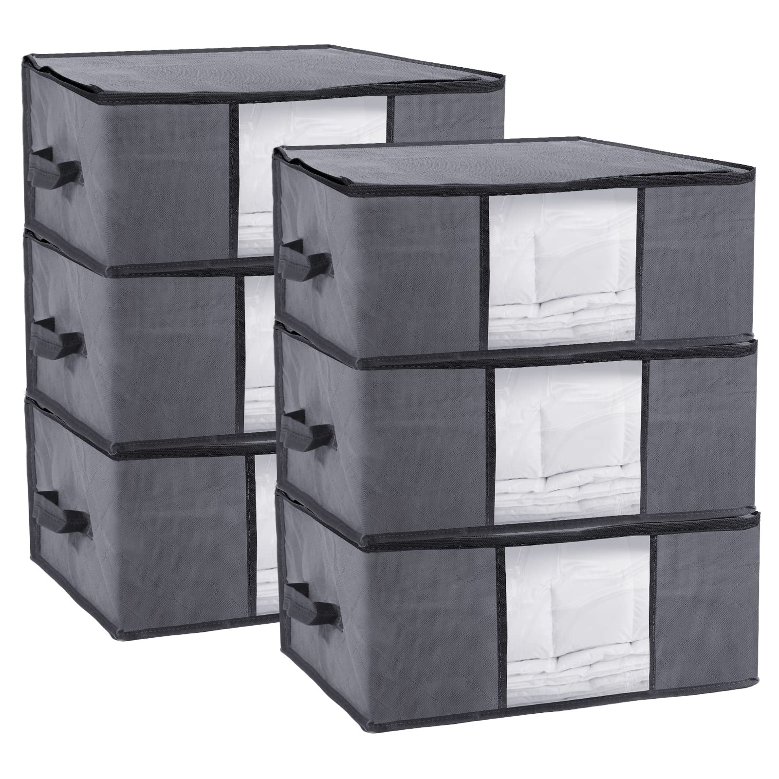 LONENESSL Large Capacity Organizer Bag, 6 Pack Under-Bed Storage Bag with Handle and Clear Windows, Double Zip Foldable Storage Boxes for Towels Clothes Bedding Storage Organiser (Grey, 6)