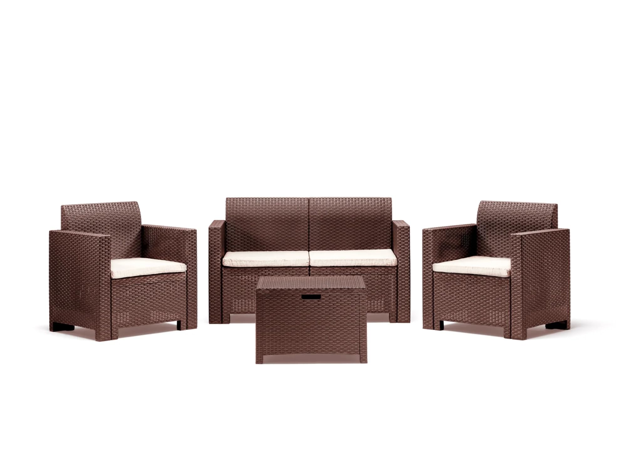 BERARDI Salon de jardin en polypropylène rotin, marron, 4 places, avec coussins, canapé, 2 fauteuils et table basse de rangement