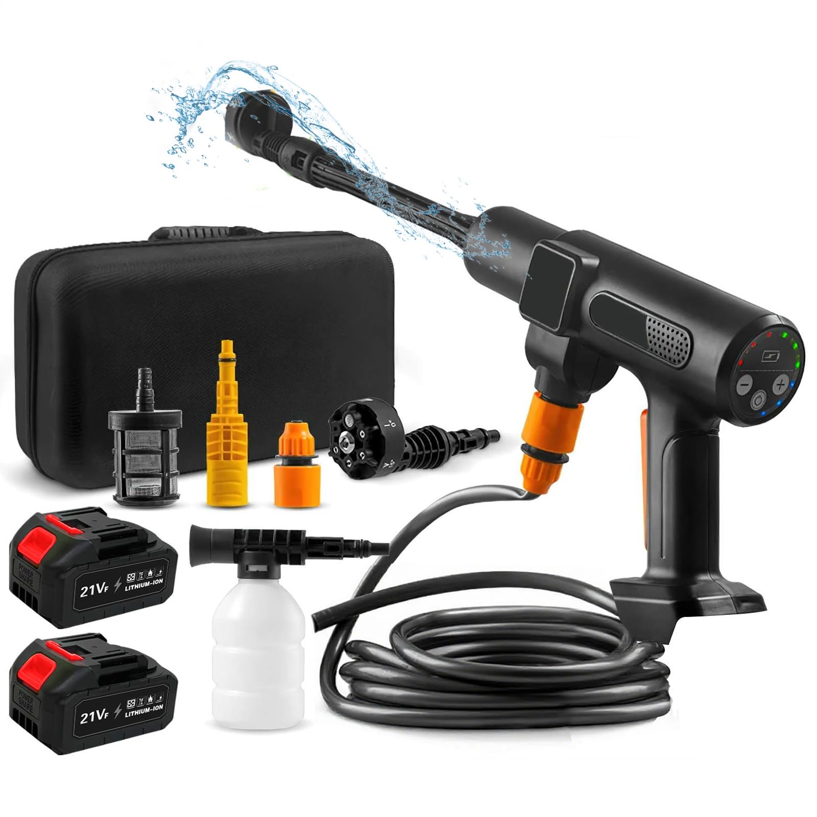 3500W Hidrolimpiadora de Alta Presión, Hidrolimpiadora Portatil MAX 200 Bar con 2 Baterías, 6 en 1 Boquilla Multiusos y 180° Boquilla Giratoria, Lavadora Inalámbrica para Coche, Jardín, Riego (Negro)