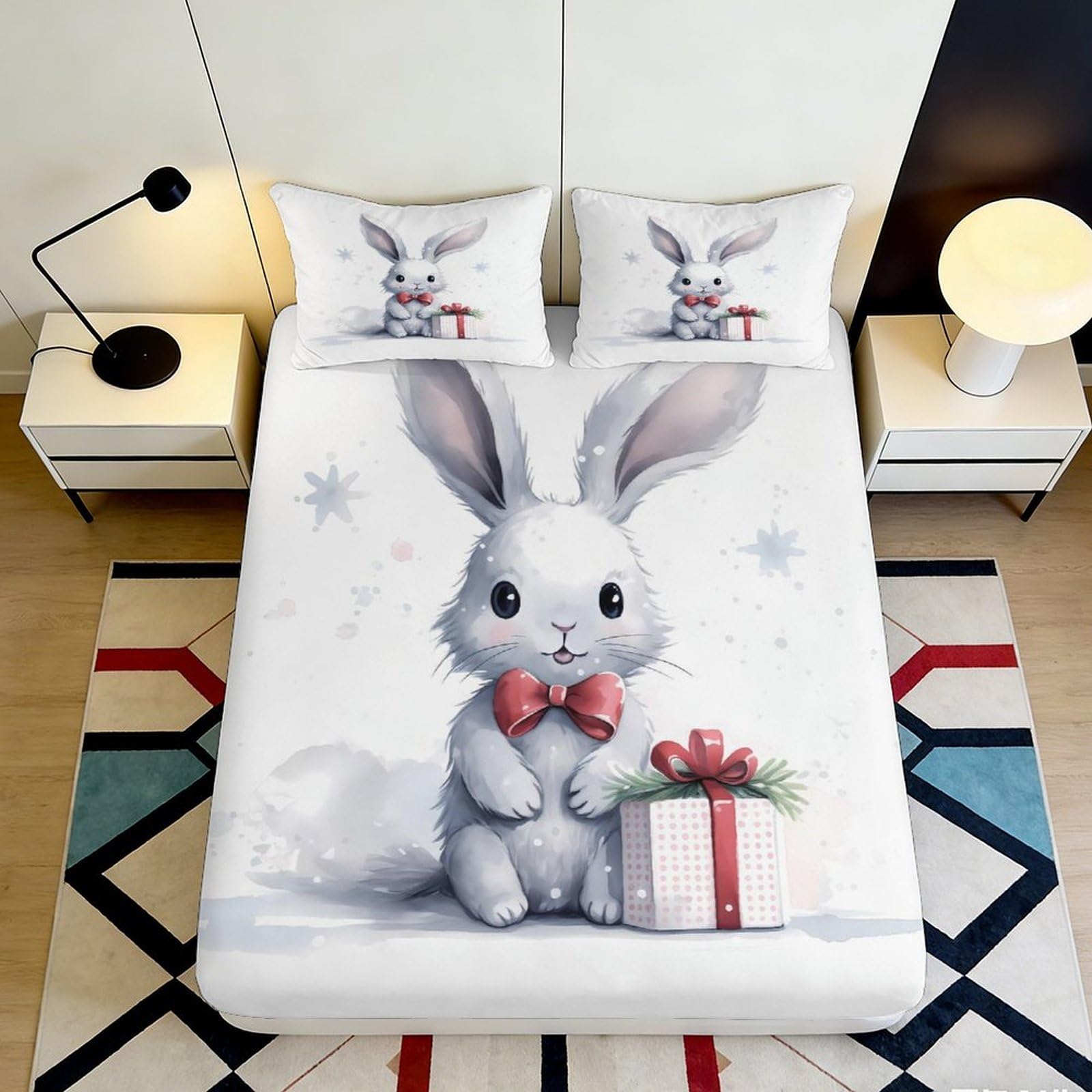 3D Printed Cute Bunny Fitted Sheet Microfiber Soft Cartoon Rabbit Bed Cover for Bedroom Dorm Decor Mattress Protection 90x200x25cm