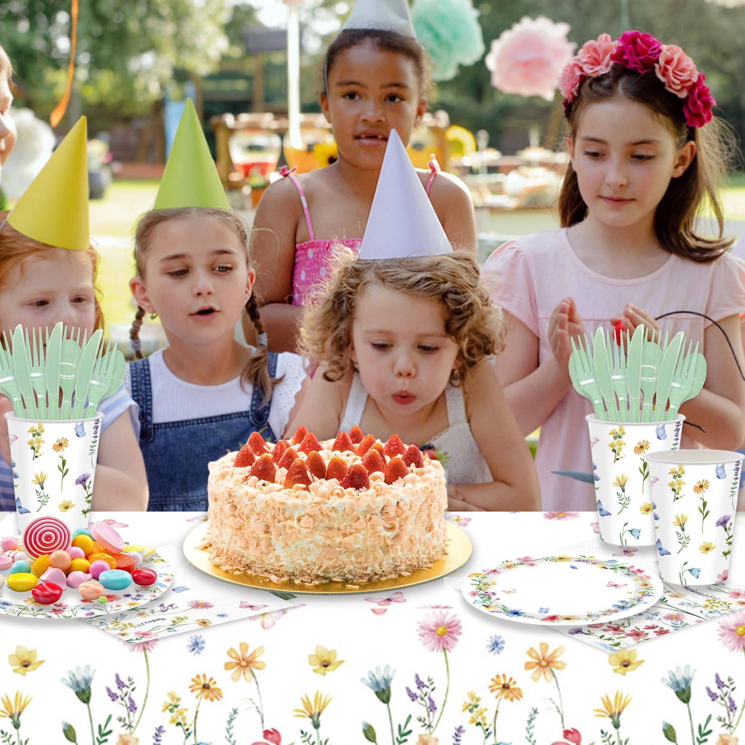 141PCS Wildflower Party Decorations Spring Floral Baby Shower Birthday Decorations - Include Plates and Napkins Forks Cups Straws Tablecloch for Wildflower Baby Shower Decorations Serves 20 Guests - Image 7