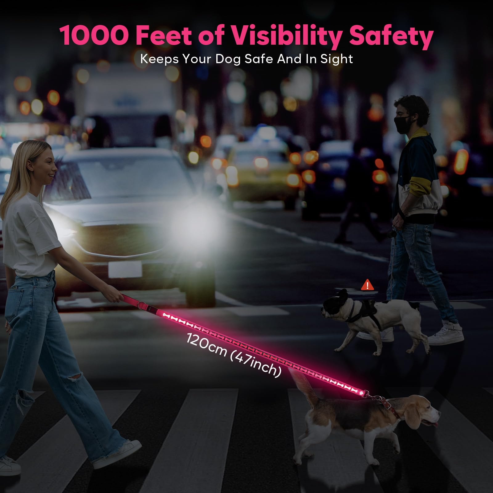 Flashseen Guinzaglio per cani luminoso, 1,2 m, LED con luce di tipo C, ricaricabile, in nylon, luci di sicurezza per cani per passeggiate notturne (rosa)