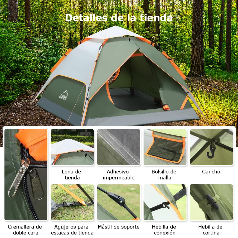 Tienda de Campaña 2-3 Personas, Tienda Pop Up Portátil, Tienda Instantánea con 2 en 1 Doble Capa, Anti Impermeable Viento, para Camping, Familiar, Senderismo, Mochileros