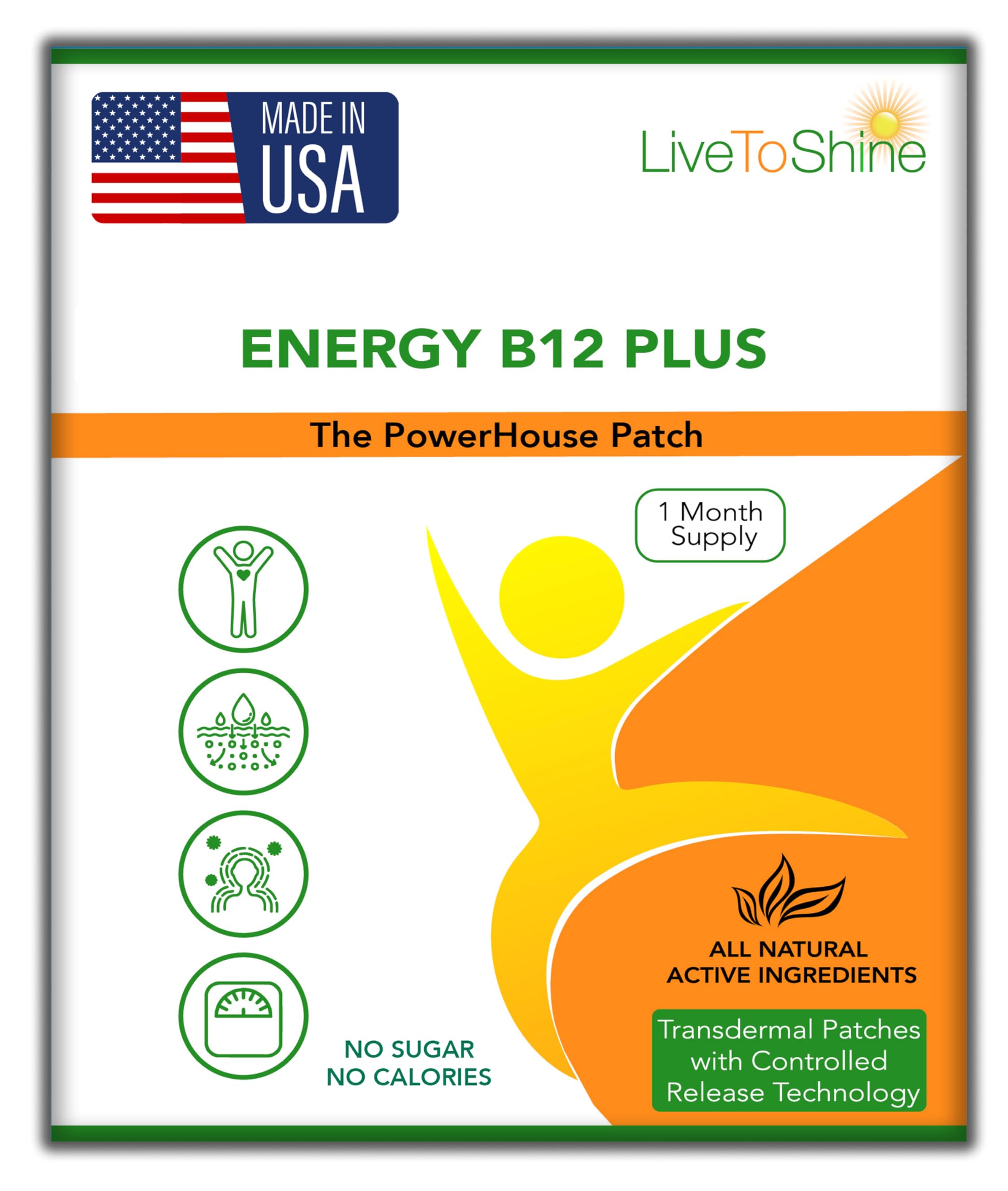 Live To Shine B12 Energy Plus Topical Patch - Energy and Focus Support for Women and Men - 30-Day Supply - USA Made