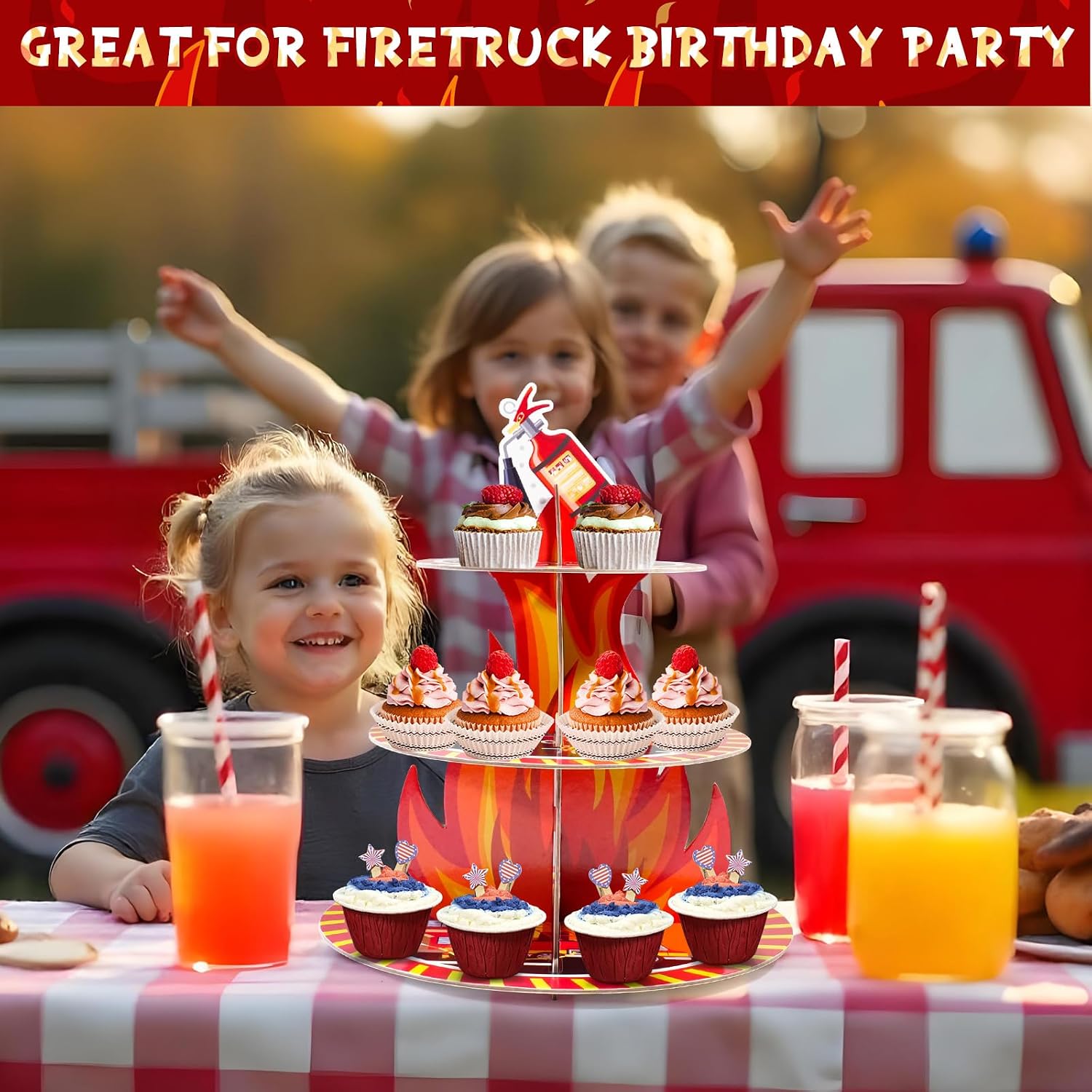 3-Tier Firetruck Birthday Party Cupcake Stand, Firefighter-Themed Party Supplies for Kids' Firetruck Theme Birthday Parties and Baby Showers image 5
