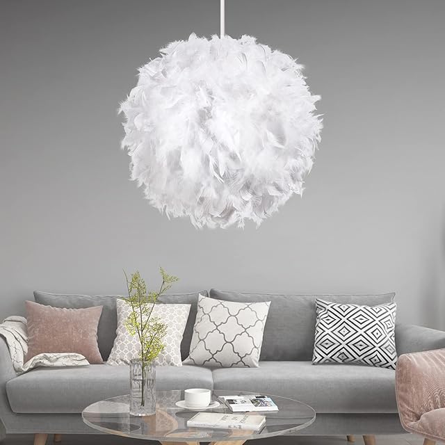 YUNYODA Feather Light Shade for Ceiling Pendant Light, Fluffy Lamp Shade Lampshade Lightshade for Table Lamp Floor Lamp Living Room Bedroom Wedding Party Decoration (Without E27 Light Bulb)
