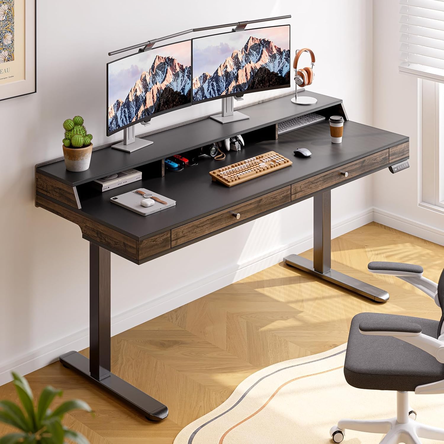 ARTIKEL Valor Electric Height Adjustable Standing Desk with Storage Drawers & Shelves| Sit-Stand Desk for Home Office |Ergonomic Workspace Table with Wheels|120x60cm|Black - Brown|