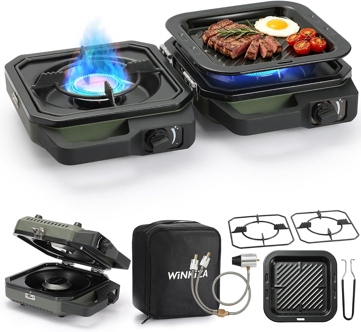 WINKIZA 304 Stainless 2 Burner Propane Camping Stove with Dual-outlet Gas Hose,Portable Floding Propane Camp Stoves with 24000BTU,Camping Essentials Gear Includes Frying Pan, Stand,Clip & Carry Bag