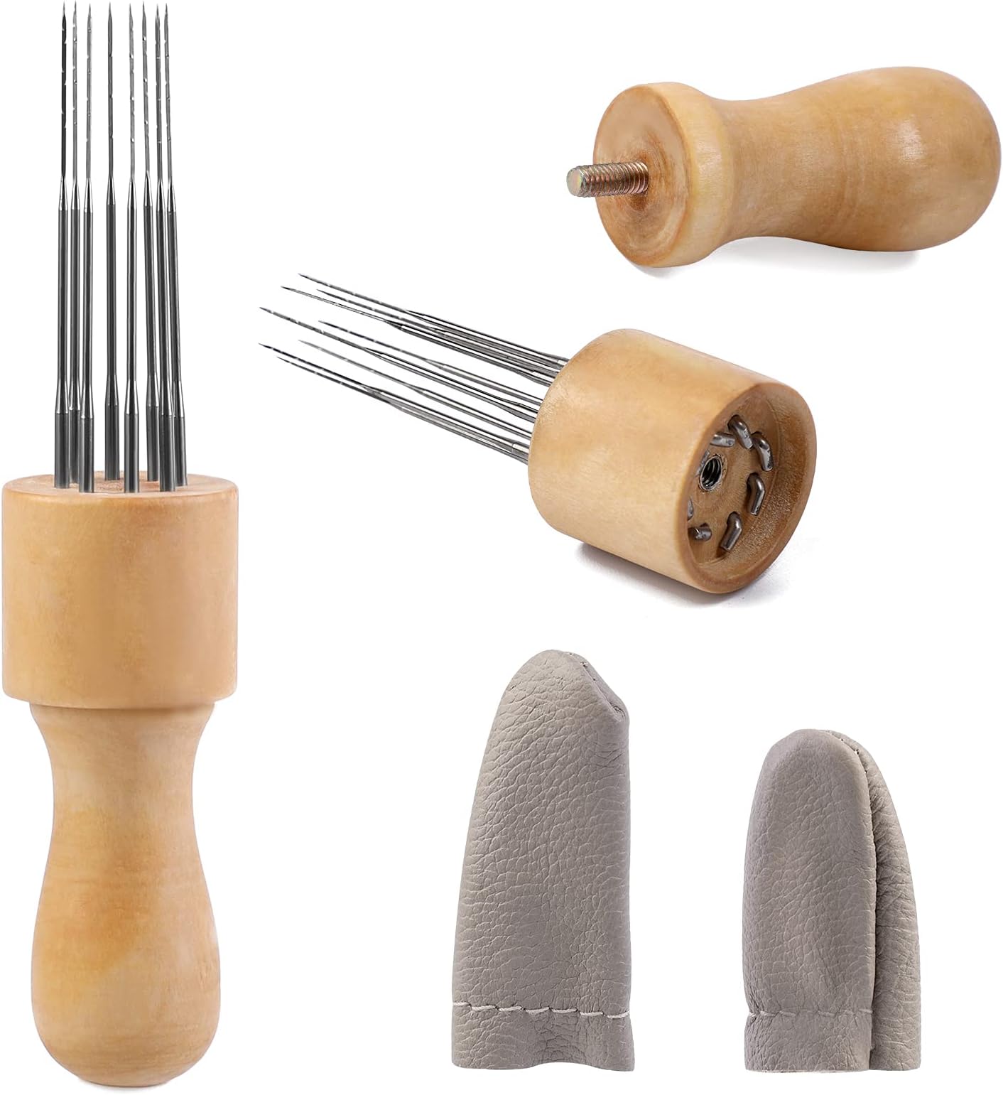 Mayboos Felting Needle with Eight Needles Tool,Craft Wool Felt Stitch Punch Tool with Solid Wood Handle Felting Eight Needles Tool with Finger Cots