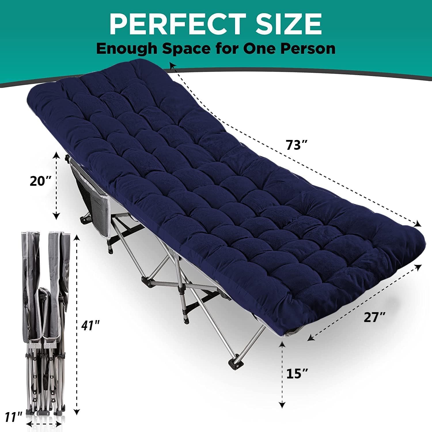 ZONETECH Folding Outdoor Camping Travel Cot and Pad - Premium Quality Lightweight Portable Heavy Duty Adult & Kids w/Large Pocket and Cushion (Gray & Blue 1-Pack)