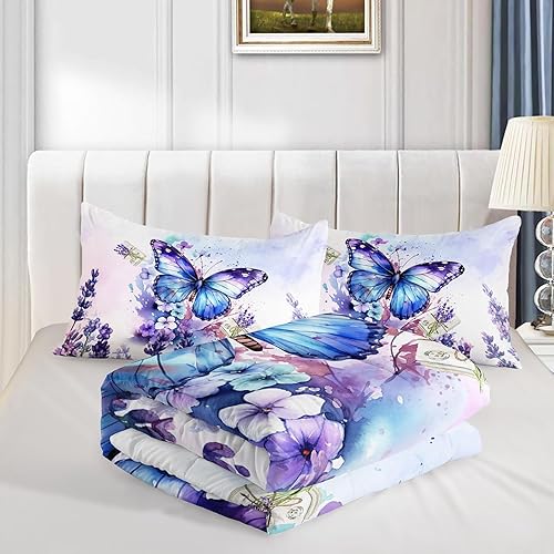 Miniatura 4 de QOOMO Juego de edredón de mariposa para niños, adolescentes, niñas y mujeres, edredón lavanda para niños con 2 fundas de almohada, juego de ropa de