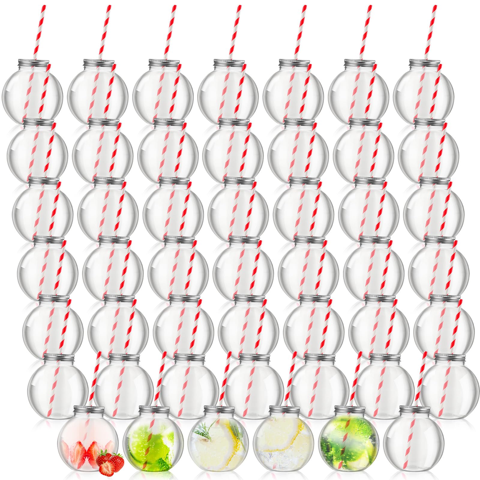 Yaomiao Mini-Fischschalen aus Kunststoff, transparent, kugelförmige Fischschalen mit Deckel und Strohhalmen, für Karneval, Spiele, Halloween, Süßigkeiten, Getränke, Motto-Party-Dekorationen, Rot, 48