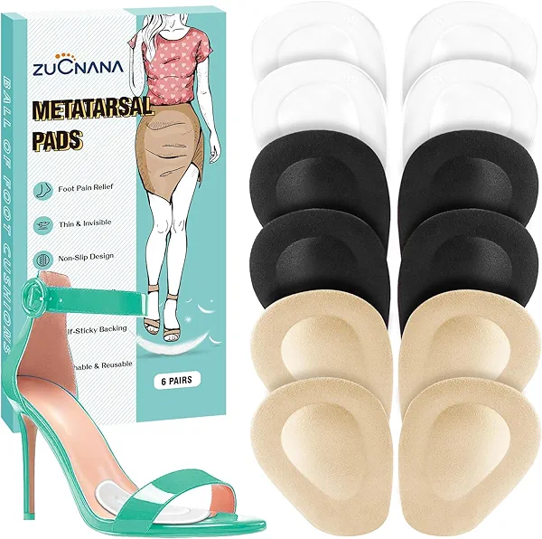 ZUCNANA Metatarsal Pads for Women (12 Pieces), Ball of Foot Cushions for Women High Heels, Soft Gel Shoe Inserts for Foot Pain Relief, Anti-Slip One Size Fits Any