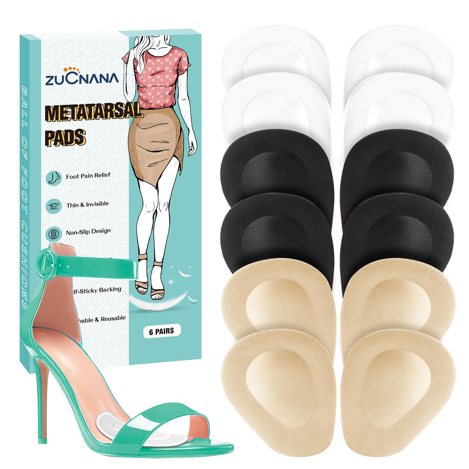 Metatarsal Pads for Women (12 Pieces), Ball of Foot Cushions for Women High Heels, Soft Gel Shoe Inserts for Foot Pain Relief, Anti-Slip One Size Fits Any