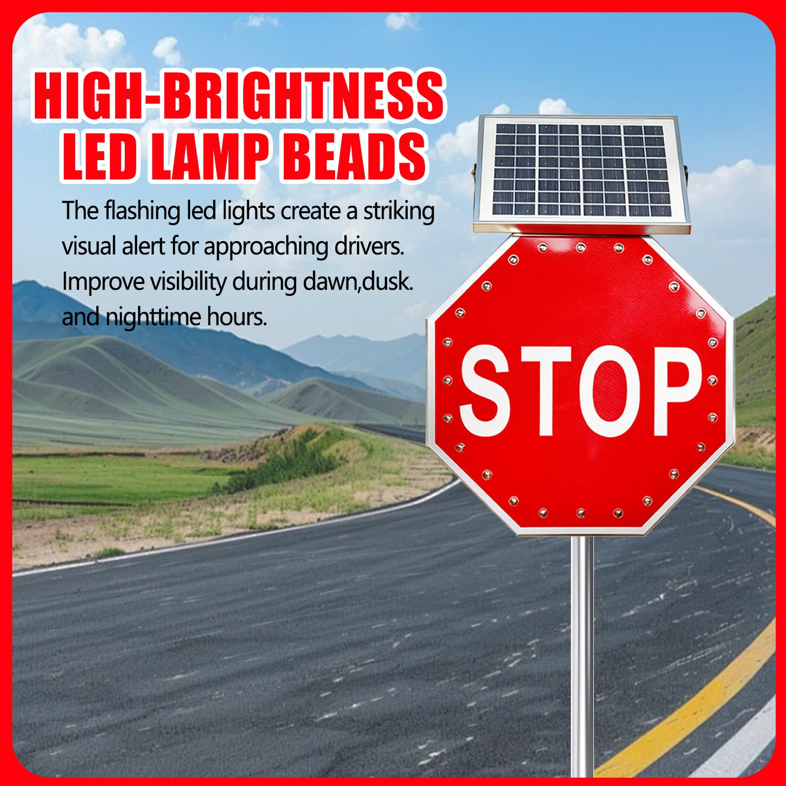 Señal de Stop LED Solar de 61 cm, Intermitente y Reflectante, con Marco metálico Octogonal Resistente a la corrosión, Resistente al Agua IP65, Ideal para estacionamientos, autopistas.
