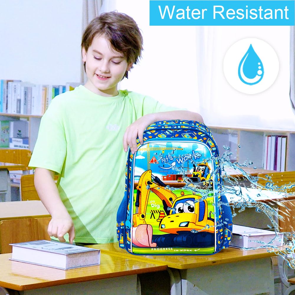 3PCS Excavator Backpack for Boys, 16'' Kids Water Resistant Preschool Bookbags Set, Cool Car Elementary Kindergarten School Backpacks and Lunch Box