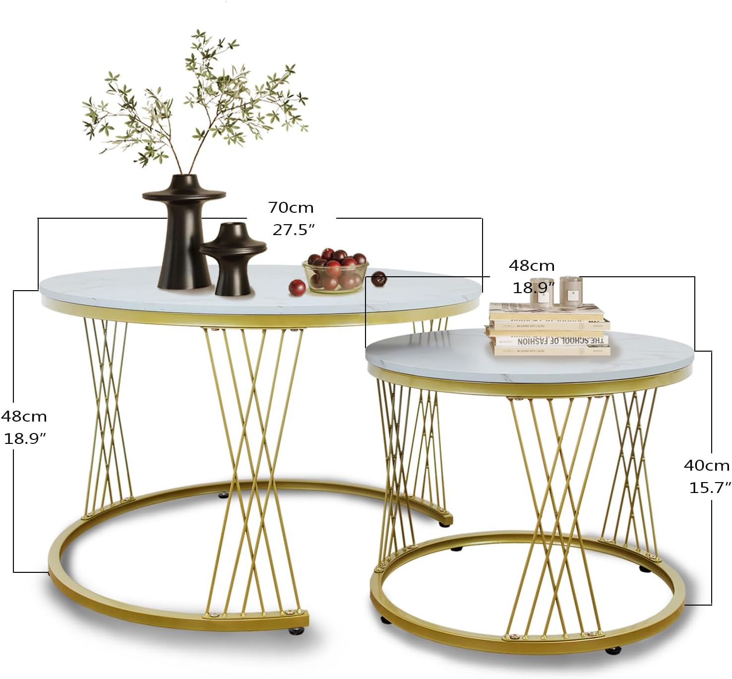 AT-VALY 27.5 Inch Round Nesting Coffee Table Set of 2, White Marble Look MDF Top & Gold Metal Legs, Modern End Tables