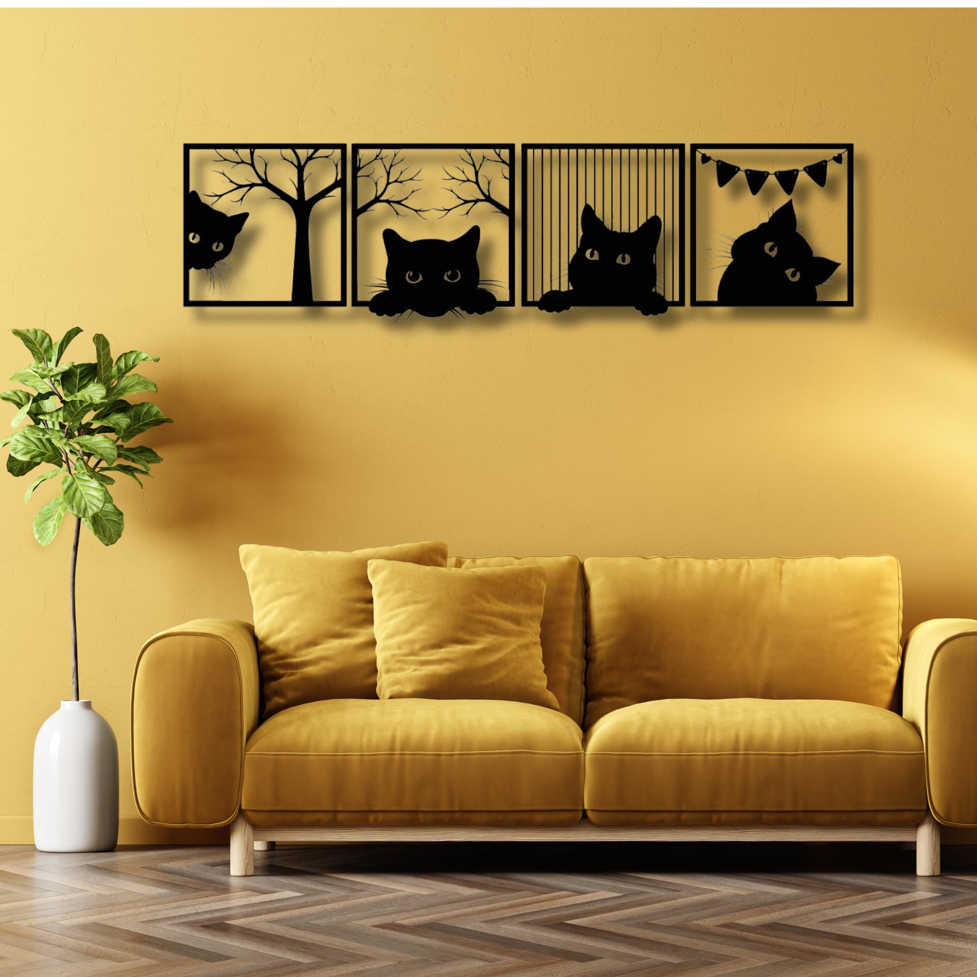 Set de 4 Cuadros de gatos negros en relive 3D- Arte moderno para pared- Decoración moderna para pared- Ideal para salones, dormitorios o espacios elegantes – Elegancia y Misterio en tu Decoración