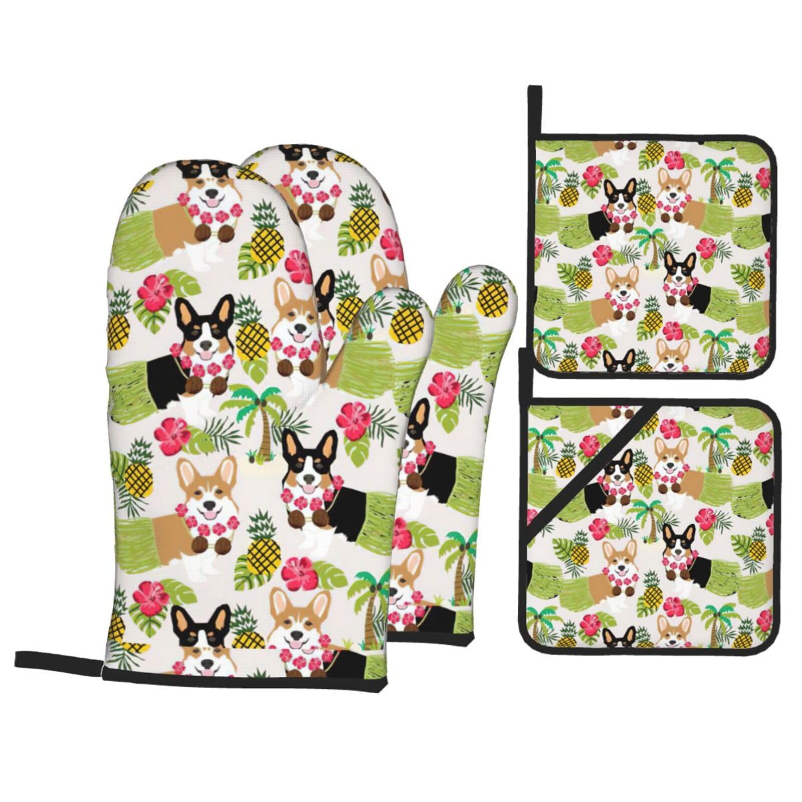 Corgi Hawaiian Tropical Summer Pineapple Print Kitchen Oven Mitts And Pot Holders Set,Hanging Loop Design For Cooking Baking Bbq